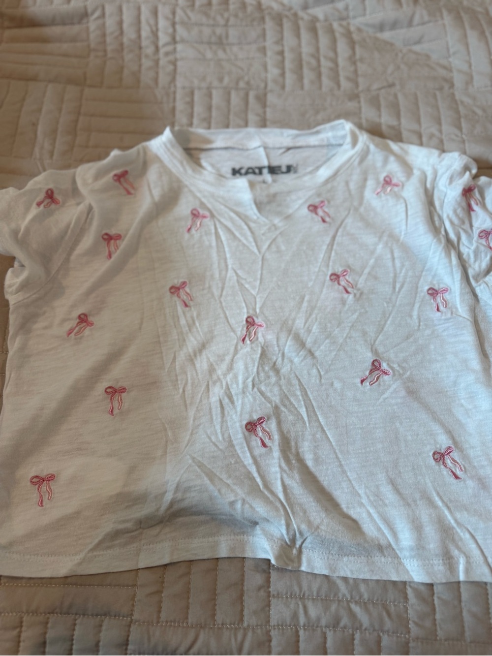 Katie J NYC White Short Sleeve Tee with Pink Bow Embroidery